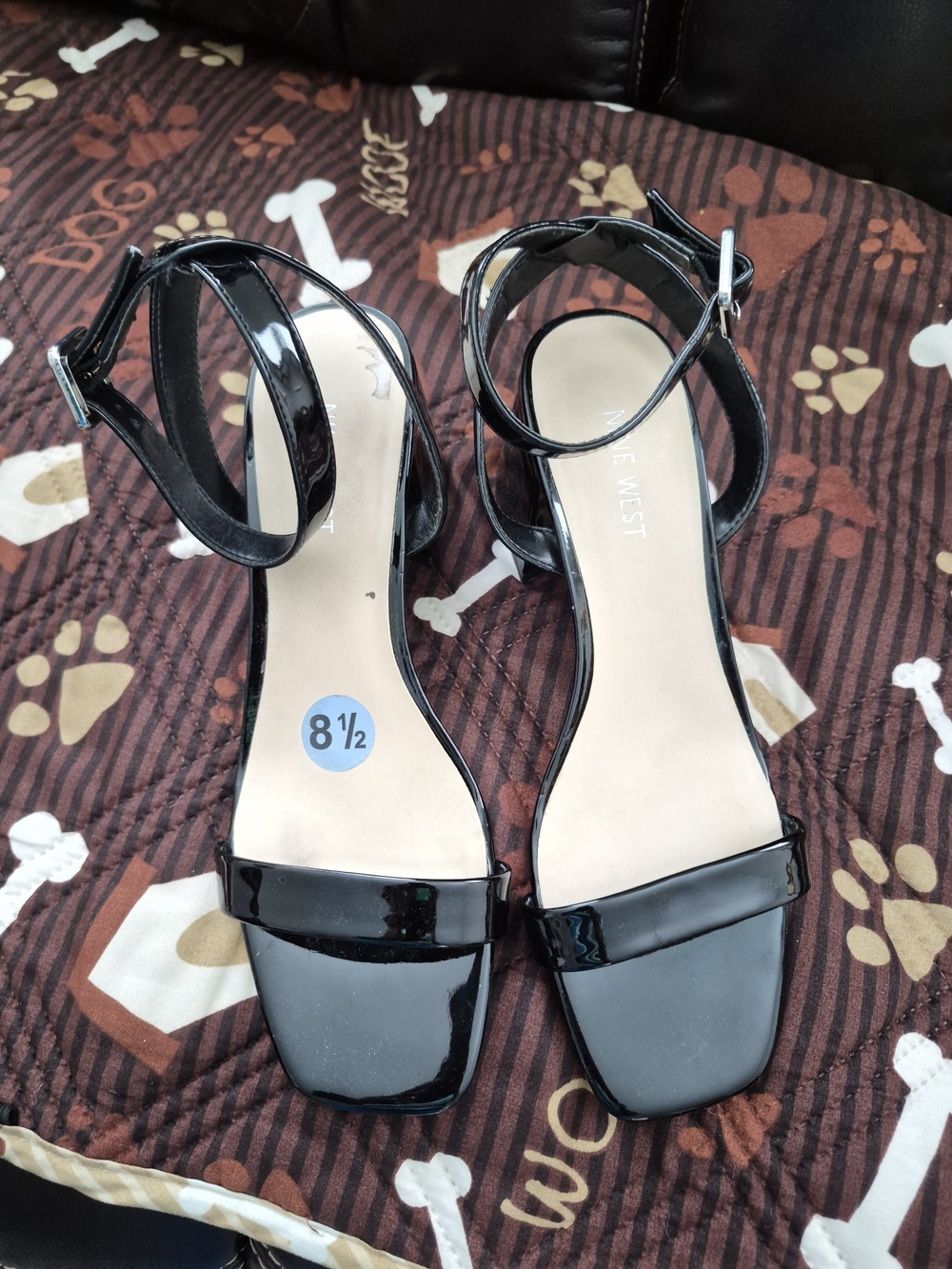 Nine West Black Patent Ankle-Strap Block Heel Sandals Womens 8 1/2
